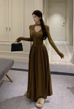 Elegant Long - Sleeve Olive Green Halter Neck Maxi Dress