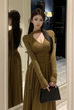 Elegant Long - Sleeve Olive Green Halter Neck Maxi Dress