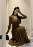 Elegant Long - Sleeve Olive Green Halter Neck Maxi Dress