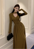 Elegant Long - Sleeve Olive Green Halter Neck Maxi Dress