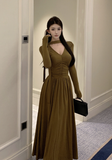 Elegant Long - Sleeve Olive Green Halter Neck Maxi Dress