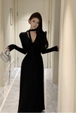 Elegant Long - Sleeve Olive Green Halter Neck Maxi Dress