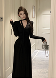 Elegant Long - Sleeve Olive Green Halter Neck Maxi Dress