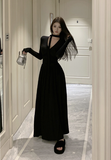 Elegant Long - Sleeve Olive Green Halter Neck Maxi Dress