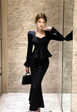 Stylish Long - Sleeve Black Peplum Mermaid Maxi Dress