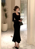 Stylish Long - Sleeve Black Peplum Mermaid Maxi Dress