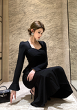 Stylish Long - Sleeve Black Peplum Mermaid Maxi Dress