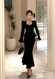 Stylish Long - Sleeve Black Peplum Mermaid Maxi Dress
