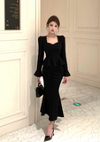 Stylish Long - Sleeve Black Peplum Mermaid Maxi Dress