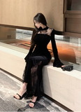 Elegant High - Neck Black Velvet Dress with Lace Inserts