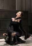 Elegant High - Neck Black Velvet Dress with Lace Inserts