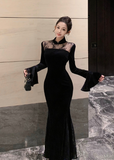 Elegant High - Neck Black Velvet Dress with Lace Inserts