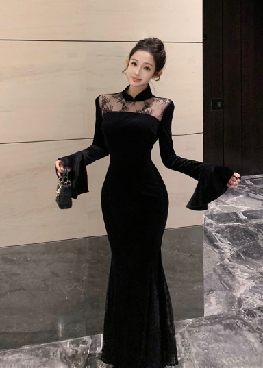 Elegant High - Neck Black Velvet Dress with Lace Inserts