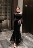 Elegant High - Neck Black Velvet Dress with Lace Inserts