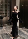Elegant High - Neck Black Velvet Dress with Lace Inserts