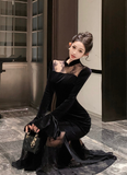 Elegant High - Neck Black Velvet Dress with Lace Inserts