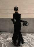Elegant High - Neck Black Velvet Dress with Lace Inserts