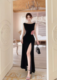 Elegant Sleeveless Black Maxi Dress with Side Ruche