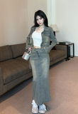 Stylish Distressed Denim Set with Crop Top and Long Midi Skirt
