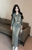 Stylish Distressed Denim Set with Crop Top and Long Midi Skirt