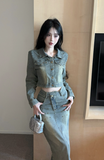 Stylish Distressed Denim Set with Crop Top and Long Midi Skirt