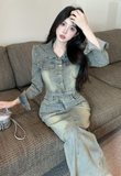 Stylish Distressed Denim Set with Crop Top and Long Midi Skirt