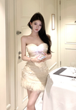 Glamorous Strapless Ivory Sequin and Feather Mini Dress