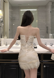 Glamorous Strapless Ivory Sequin and Feather Mini Dress
