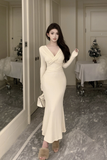 Elegant Long - Sleeve Cream Wrap Mermaid Maxi Dress