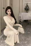 Elegant Long - Sleeve Cream Wrap Mermaid Maxi Dress