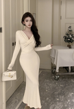 Elegant Long - Sleeve Cream Wrap Mermaid Maxi Dress