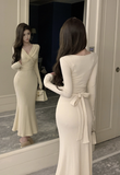 Elegant Long - Sleeve Cream Wrap Mermaid Maxi Dress