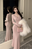 Elegant Long - Sleeve Cream Wrap Mermaid Maxi Dress