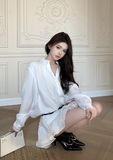 Chic Loose - fit White Silk Blouse with Ruffled Skirt Set
