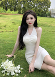 Charming Halter Neck White Bodycon Midi Dress