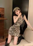 Trendy Zebra Print Halter Neck Bodycon Mini Dress