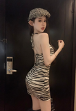 Trendy Zebra Print Halter Neck Bodycon Mini Dress