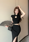 Stylish Black Qipao - inspired Crop Top and High - slit Skirt Set