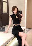Stylish Black Qipao - inspired Crop Top and High - slit Skirt Set