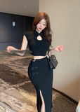 Stylish Black Qipao - inspired Crop Top and High - slit Skirt Set