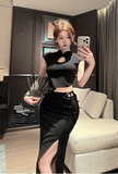 Stylish Black Qipao - inspired Crop Top and High - slit Skirt Set
