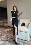 Stylish Black Qipao - inspired Crop Top and High - slit Skirt Set
