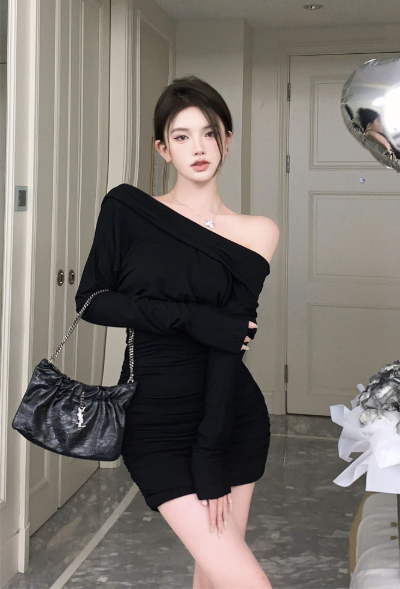 Stylish Off - Shoulder Black Ruched Bodycon Mini Dress