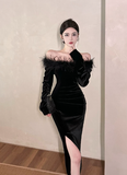 Elegant Off - Shoulder Black Velvet Dress with Feather Trim