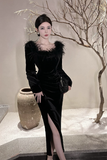 Elegant Off - Shoulder Black Velvet Dress with Feather Trim