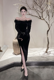Elegant Off - Shoulder Black Velvet Dress with Feather Trim