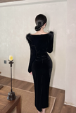 Elegant Off - Shoulder Black Velvet Dress with Feather Trim