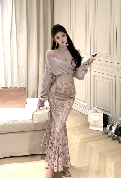 Chic Off - Shoulder Mauve Top with Floral Mermaid Skirt Set