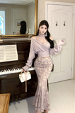 Chic Off - Shoulder Mauve Top with Floral Mermaid Skirt Set