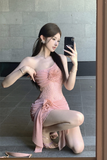 Charming One - Shoulder Blush Ruffled Lace Mini Dress